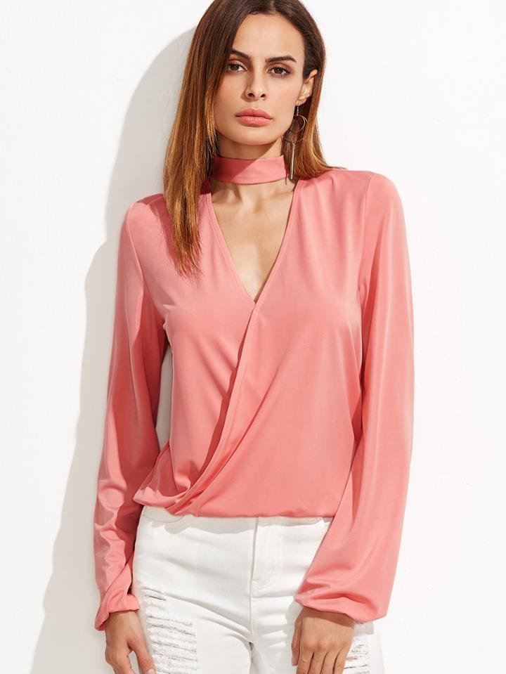 Romwe Pink Cut Out Choker Neck Wrap Blouse