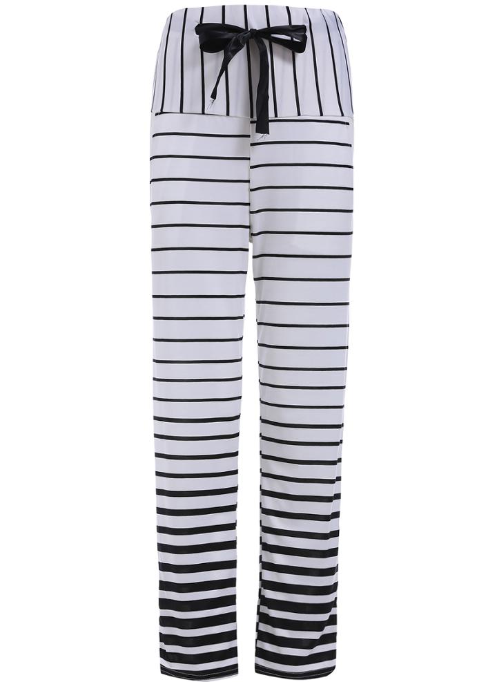 Romwe White Drawstring Waist Striped Pant