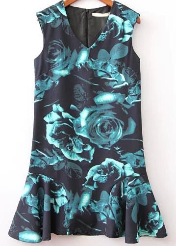 Romwe Green V Neck Sleeveless Floral Ruffle Dress