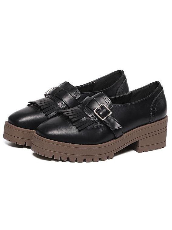 Romwe Fringe Buckled Black Platform Loafers
