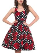 Romwe Black Polka Dot Rose Print Halter Flare Dress