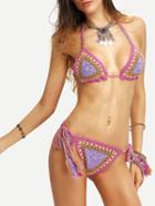 Romwe Braided Tassel-tie Multicolor Crochet Bikini Set - Purple