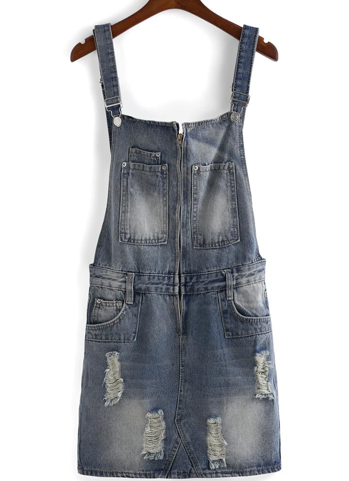 Romwe Strap With Pockets Ripped Denim Dress
