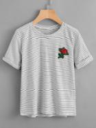 Romwe Rose Embroidered Patch Pinstriped Tee