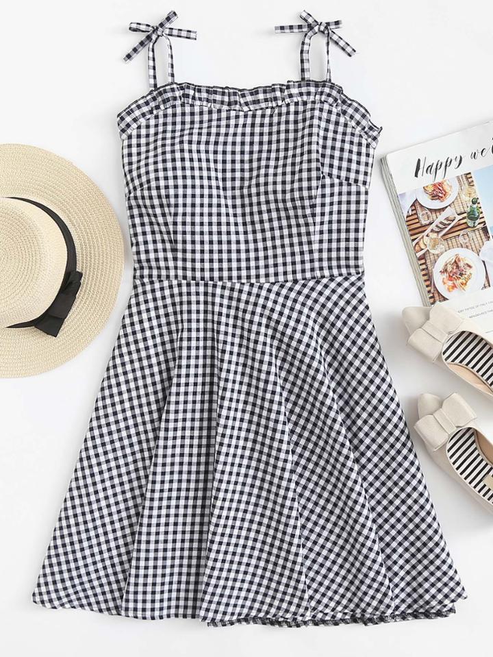 Romwe Knot Shoulder Gingham Dress