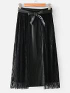 Romwe Lace Panel Pleated Skirt With Belt