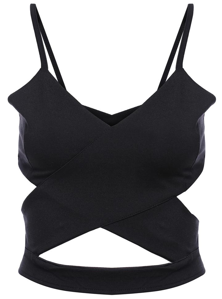 Romwe Spaghetti Strap Hollow Crop Black Cami Top