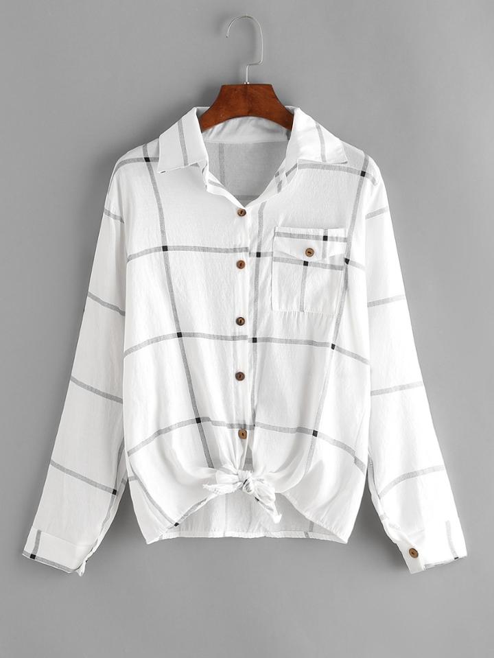 Romwe Windowpane Plaid Tie Front Shirt With Chest Pocket