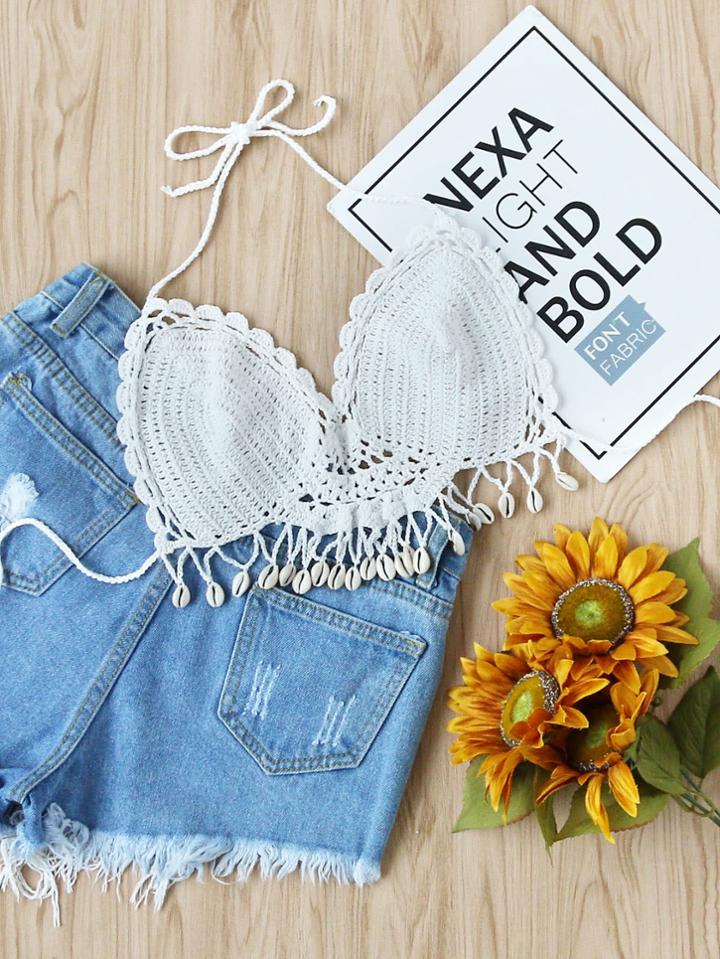 Romwe Scallop Edge Shell Detail Crochet Top