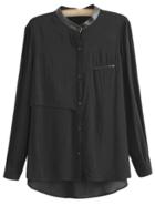 Romwe Black Long Sleeve Dip Hem Pocket Blouse