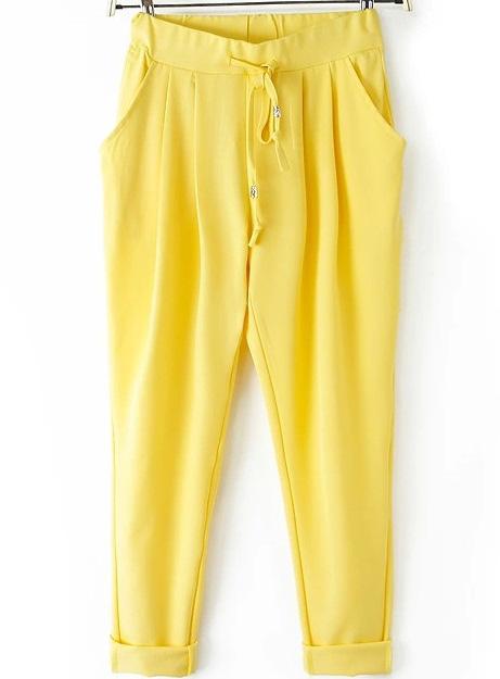 Romwe Drawstring Waist Pockets Yellow Pant