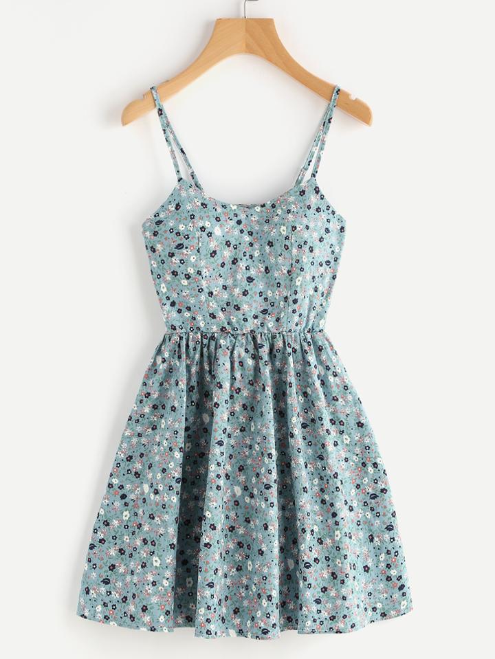 Romwe Ditsy Print Random Lace Up Back A Line Cami Dress