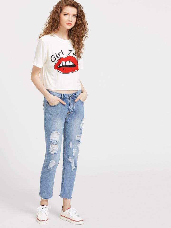 Romwe Bleach Wash Destroyed Raw Hem Jeans