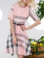 Romwe Pink Plaid Belted A-line Dress