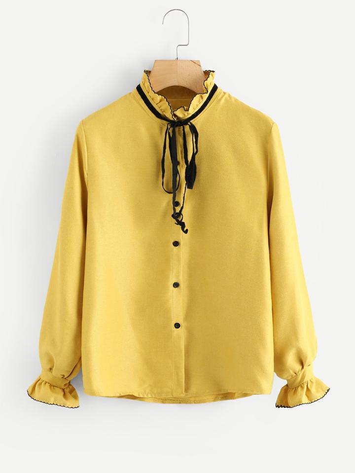 Romwe Frill Trim Tie Neck Shirt