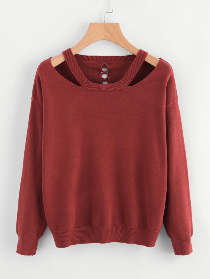 Romwe Cut Out Neck Lace Up Back Knit Sweater