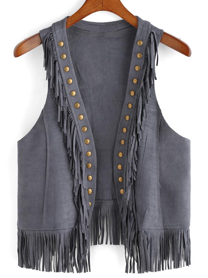 Romwe Tassel Rivets Grey Vest