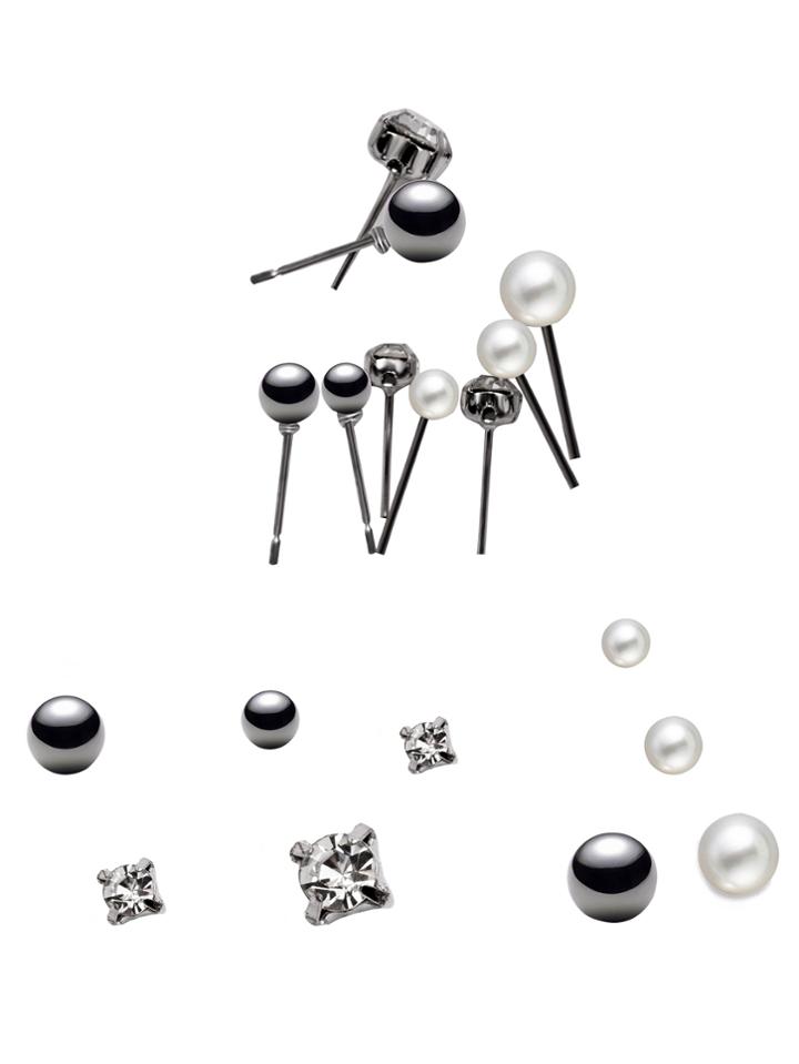 Romwe Silver Plated Rhinestone Faux Pearl Stud Earrings Set