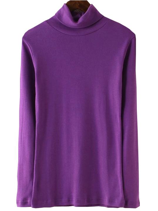 Romwe Turtleneck Long Sleeve Purple T-shirt