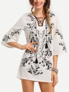 Romwe Tassel Lace-up Neck Printed Tunic Dress