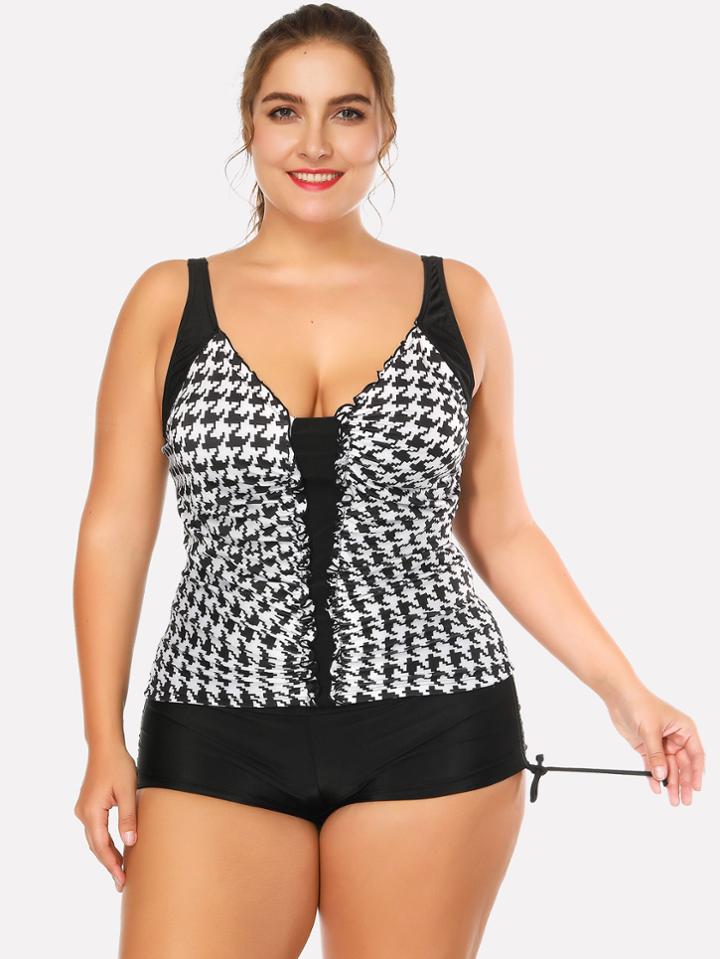 Romwe Houndstooth Frill Trim Tankini Set