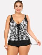 Romwe Houndstooth Frill Trim Tankini Set
