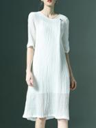 Romwe White Pleated Pockets Shift Dress