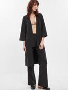 Romwe Black 3/4 Sleeve Collarless Duster Coat