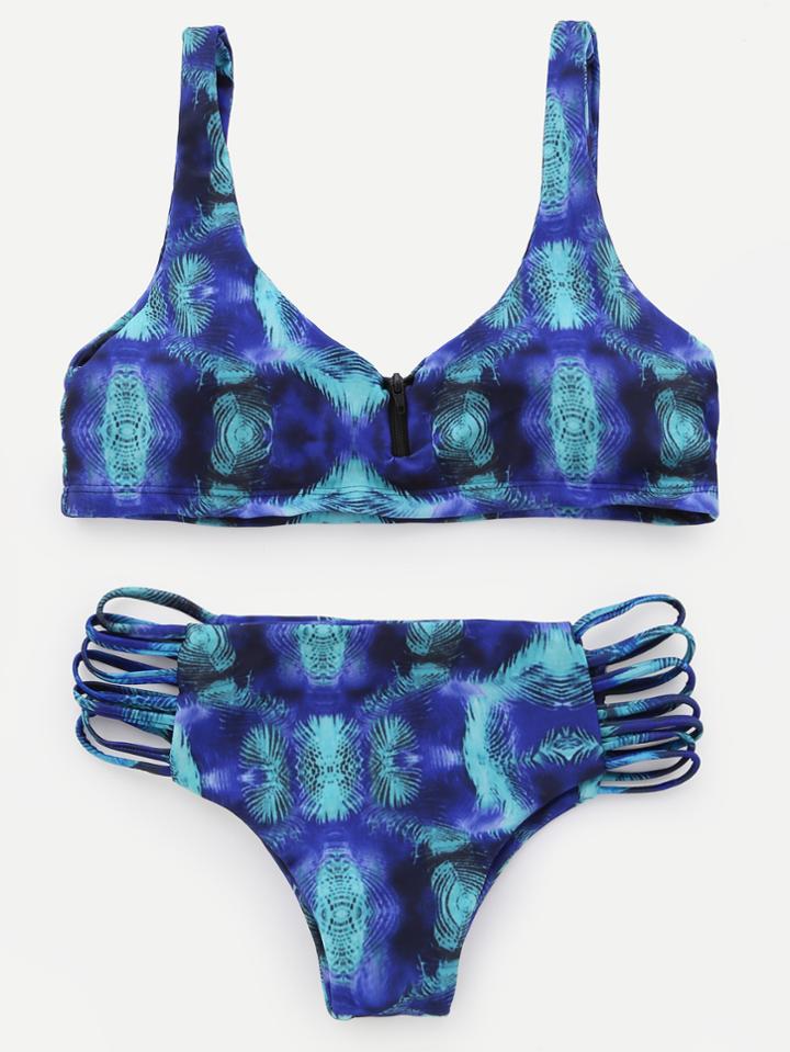 Romwe Blue Printed Zipper Front Strappy Bikini Set