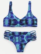 Romwe Blue Printed Zipper Front Strappy Bikini Set
