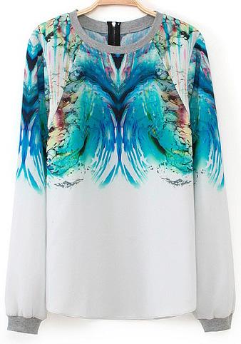 Romwe White Long Sleeve Print Zipper Blouse
