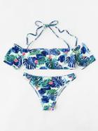 Romwe Tropical Print Self Tie Bikini Set