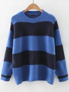 Romwe Blue Color Block Round Neck Sweater