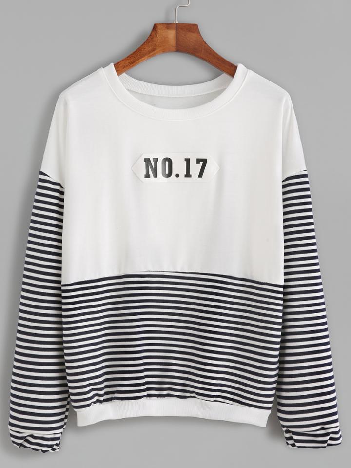 Romwe Stripe Block Number Patch Sweatshirt