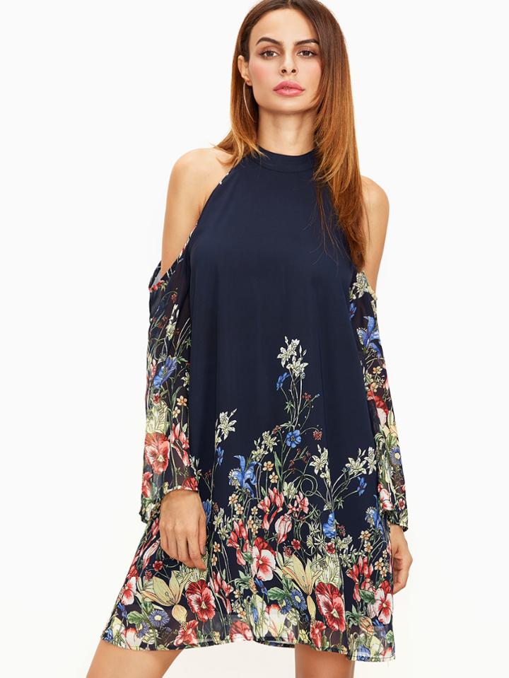 Romwe Navy Flower Print Keyhole Halter Neck Cold Shoulder Dress