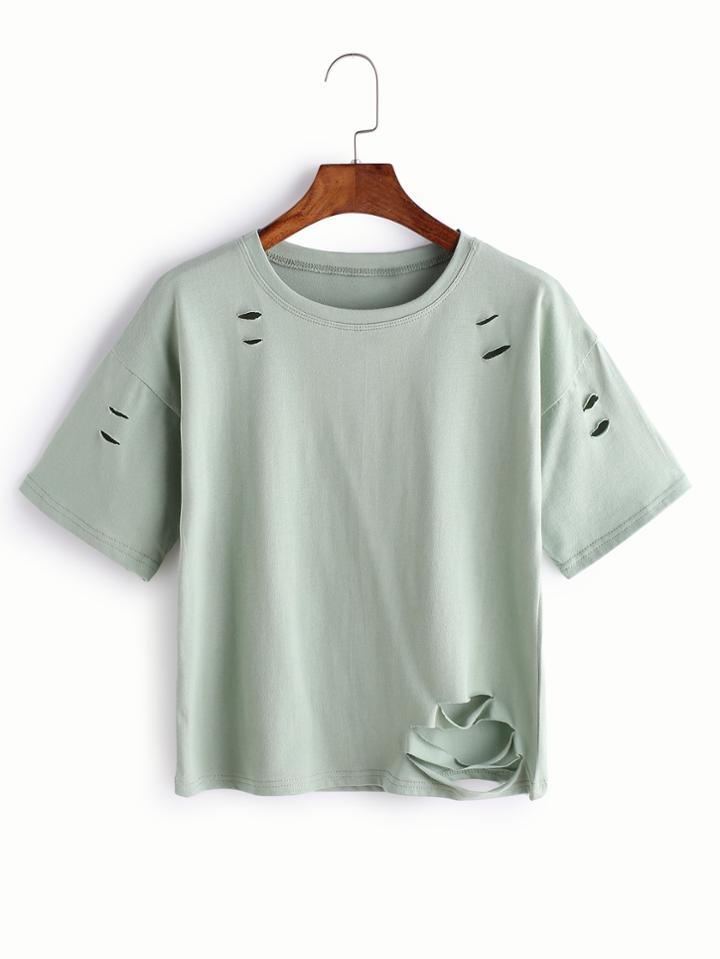 Romwe Green Ripped Drop Shoulder T-shirt