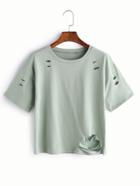 Romwe Green Ripped Drop Shoulder T-shirt
