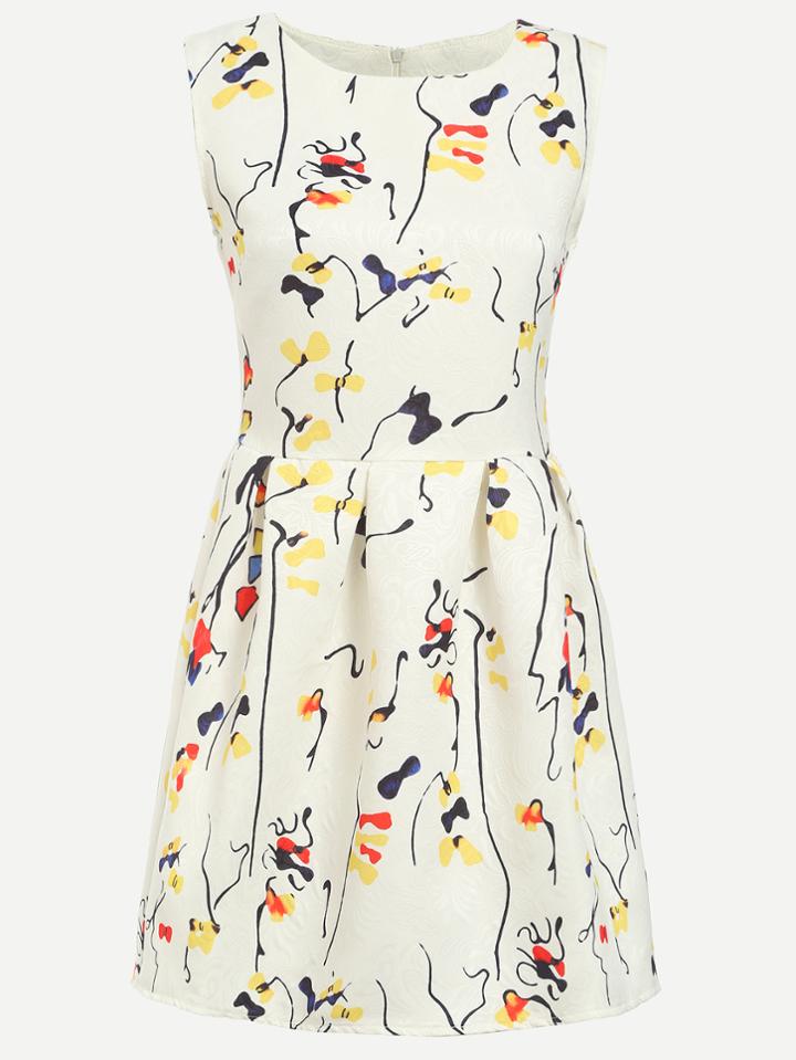 Romwe White Abstract Print Box Pleated A Line Dress