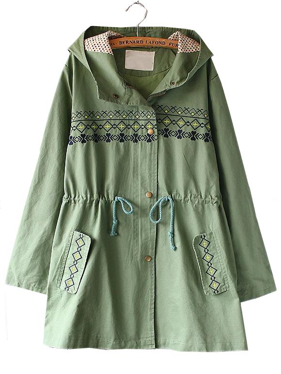 Romwe Hooded Drawstring Embroidered Polka Dot Coat