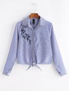Romwe Striped Tie Front Plum Blossom Embroidered Blouse
