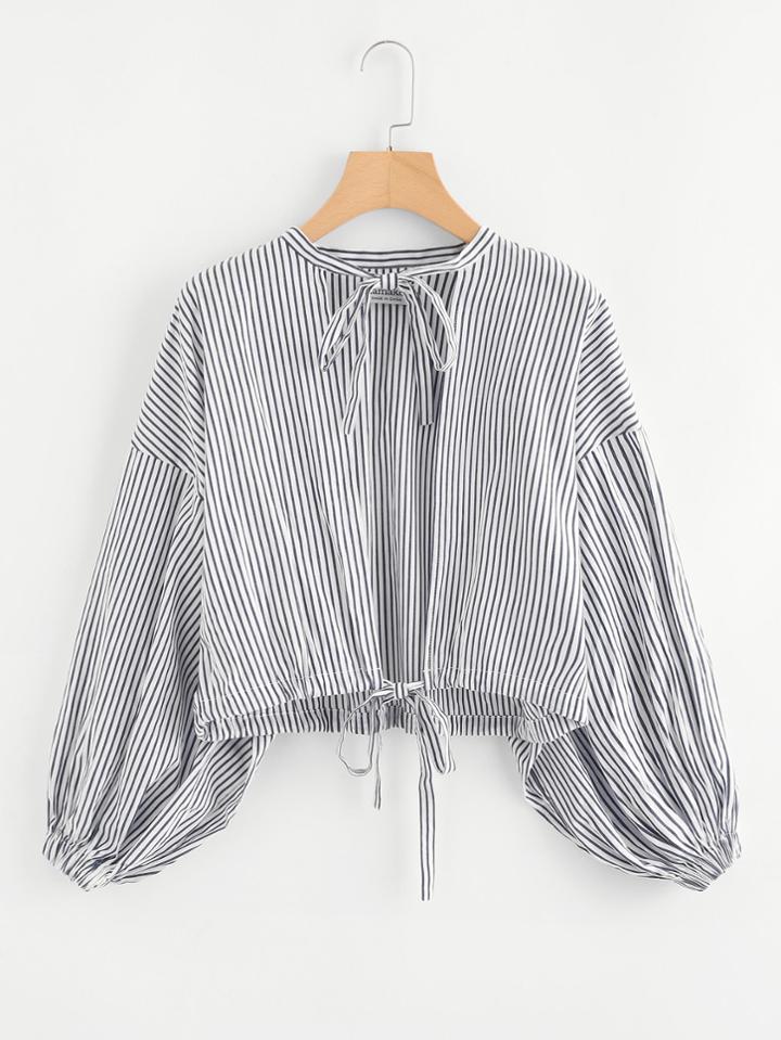 Romwe Bishop Sleeve Tie Neck Striped Top
