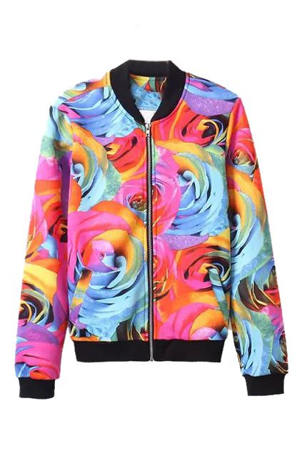 Romwe Floral Print Zippered Jacket