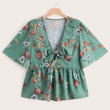 Romwe Plus Floral Print Ruffle Hem Knot Blouse