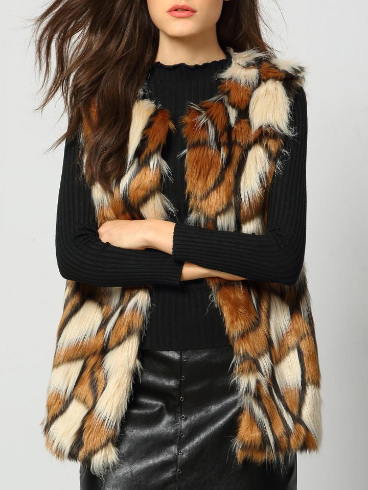 Romwe Brown Patchwork Faux Fur Feather Vest