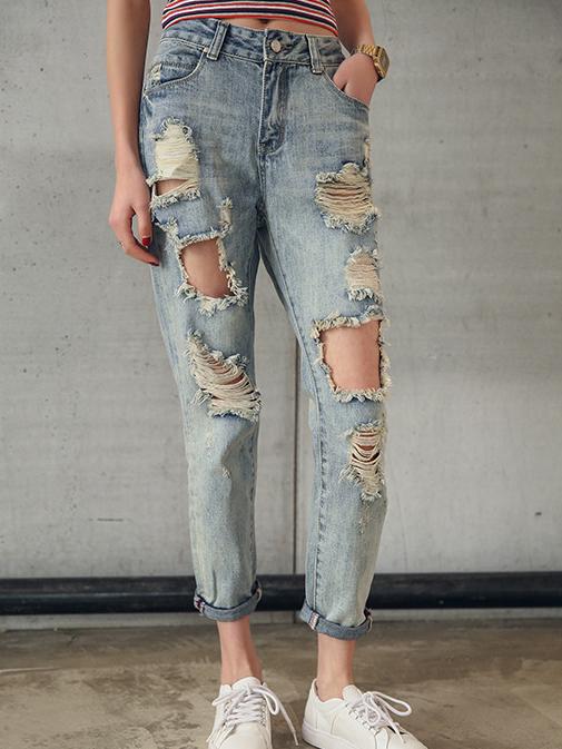 Romwe Ripped Denim Pale Blue Pant
