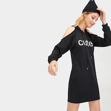 Romwe Letter Print Cold Shoulder Drawstring Hoodie Dress