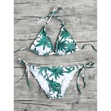 Romwe Leaf Print Halter Triangle Top With Tie Side Bikini