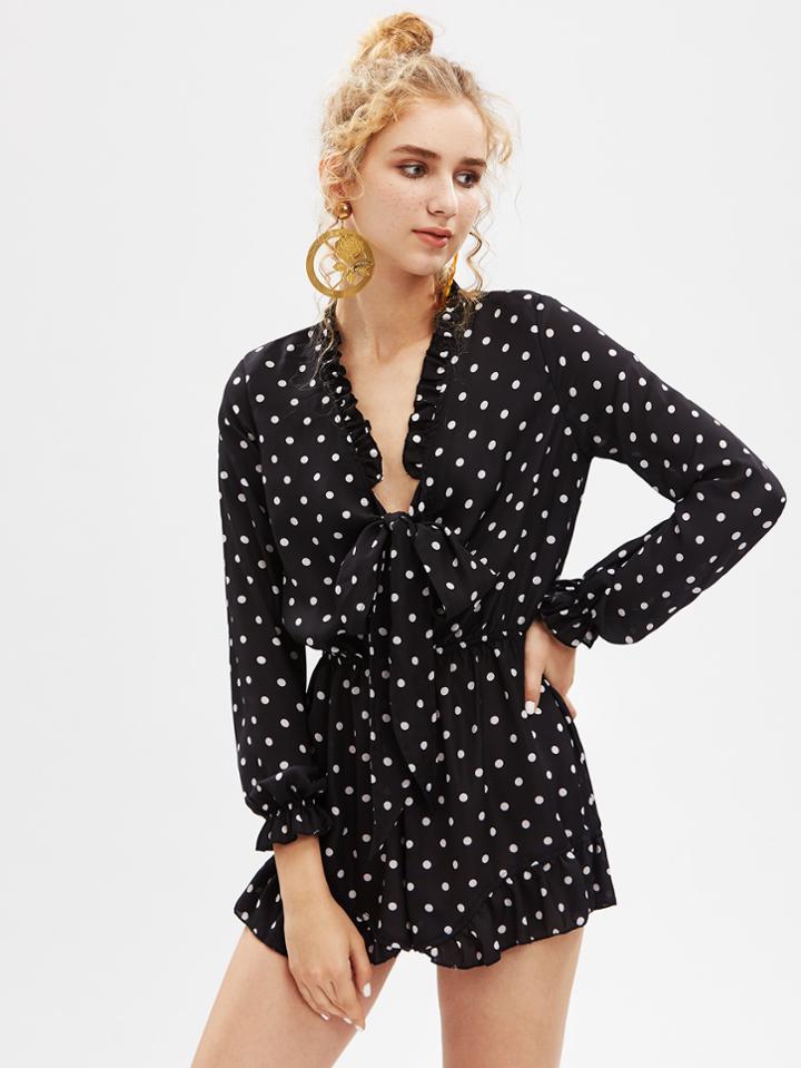 Romwe Ruffle Trim Tie Front Plunging Polka Dot Romper
