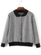Romwe Black Striped Knit Bomber Jacket With Buttons
