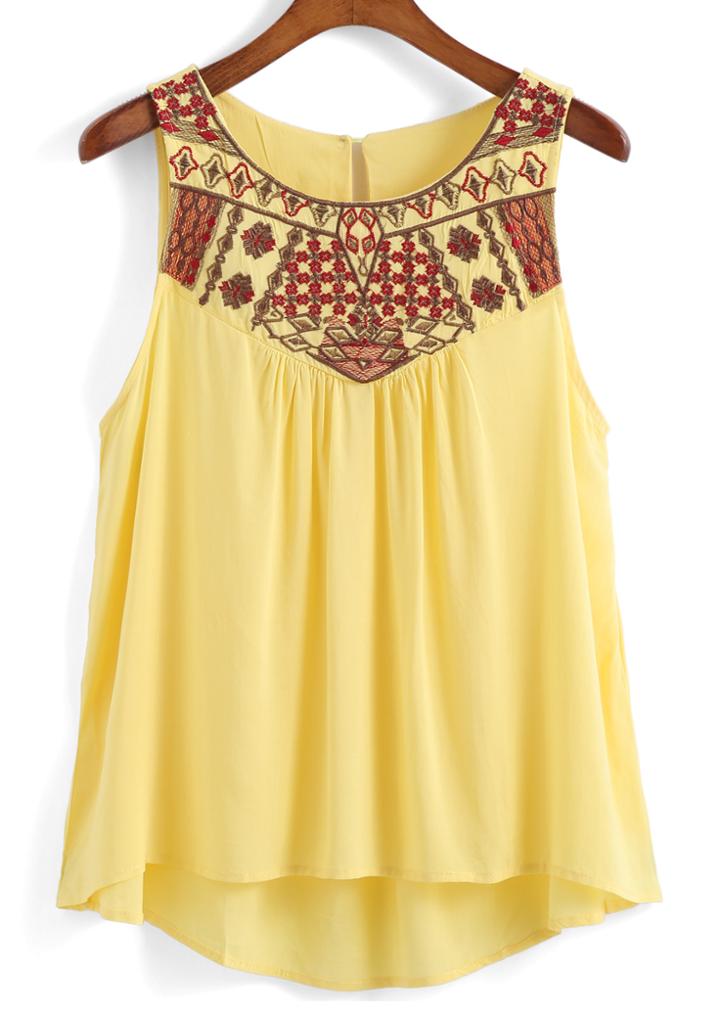 Romwe Dip Hem Embroidered Yellow Tank Top